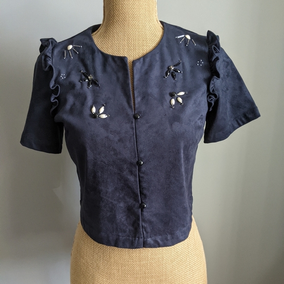 Navy blue suede beaded bolero top - Picture 1 of 4